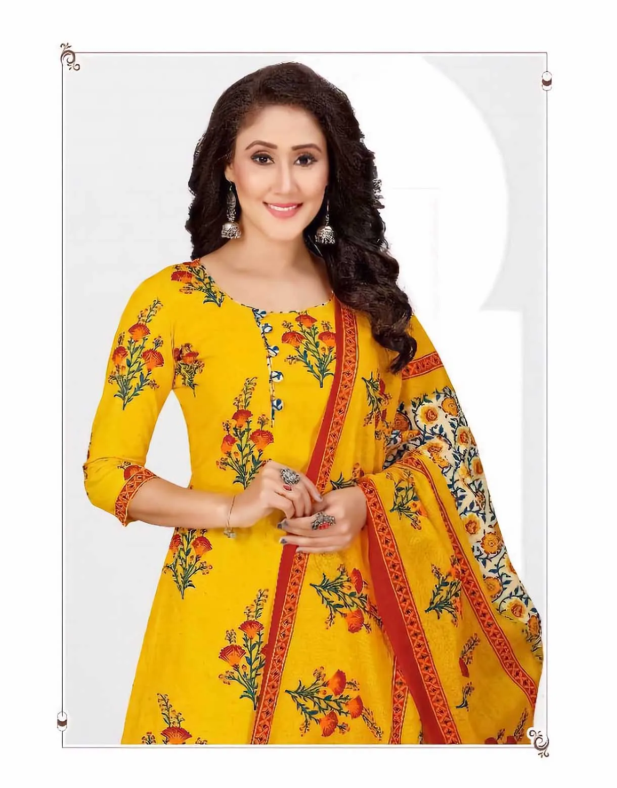 Unstitched Cotton Yellow Punjabi Suit Set Dress Material Fabric