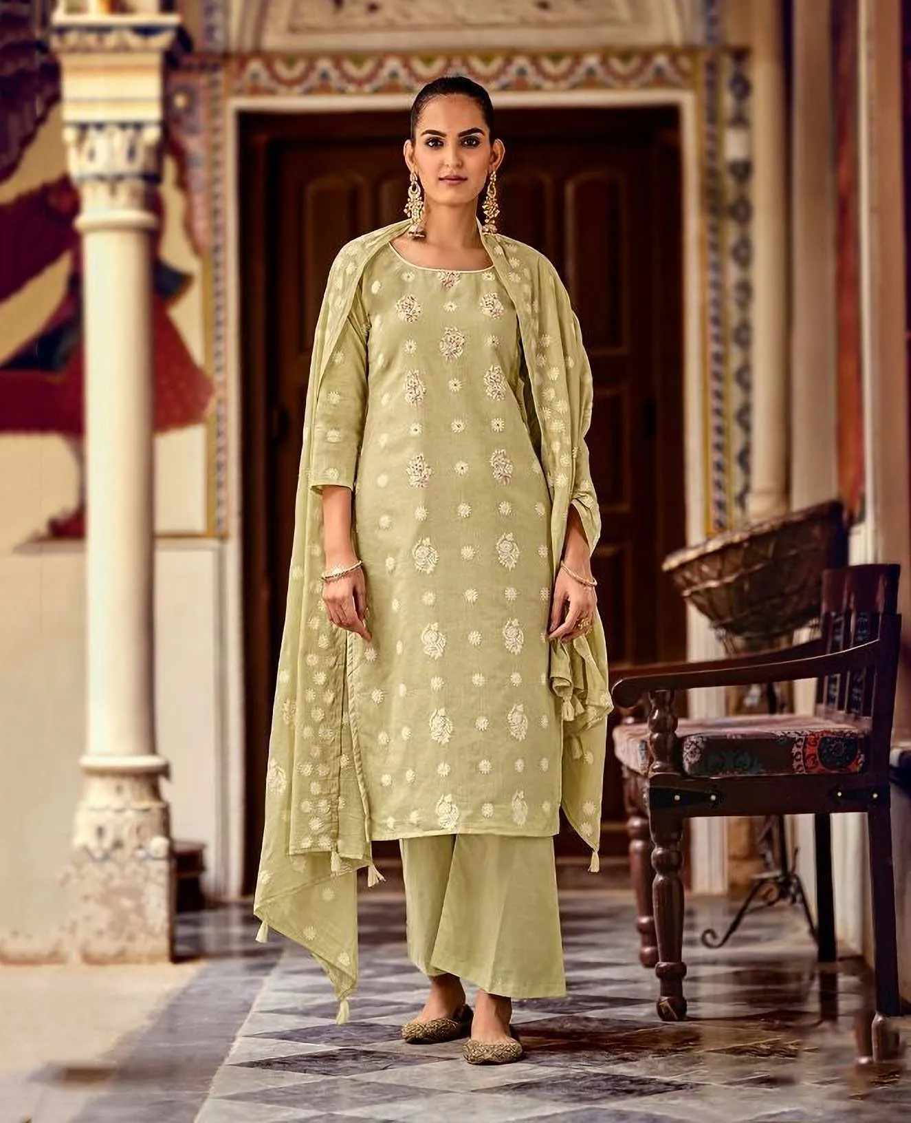 Unstitched Green Cotton Pakistani Dress Material Salwar Suits