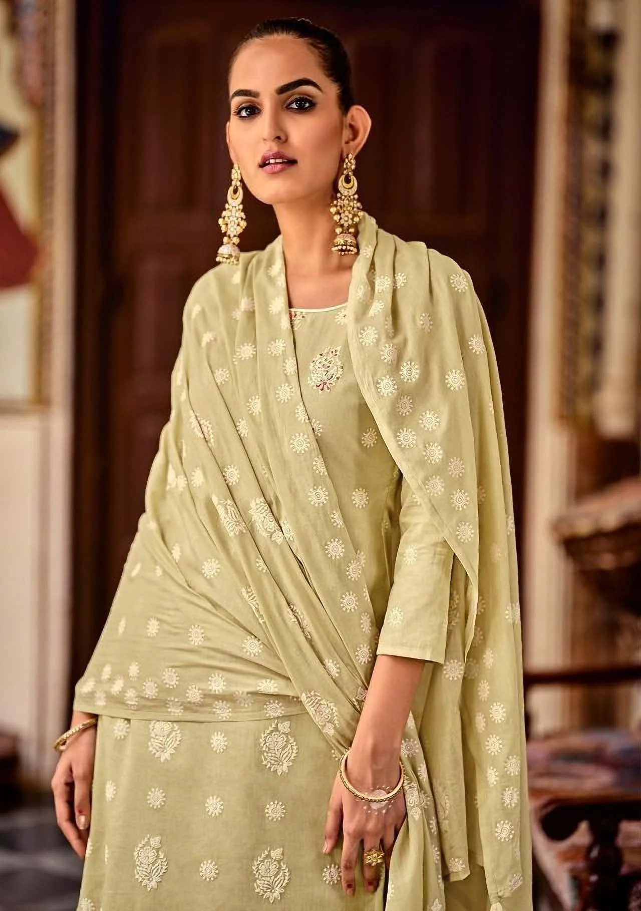 Unstitched Green Cotton Pakistani Dress Material Salwar Suits