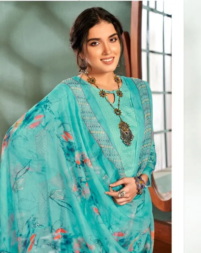 Unstitched Printed Blue Ladies cotton Suits With Chiffon dupatta