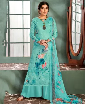 Unstitched Printed Blue Ladies cotton Suits With Chiffon dupatta