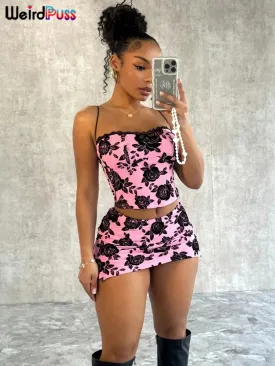 Weird Puss Flower Print Women 2 Piece Set Elegant Summer Trend Lace Bow Camisole Peach Hip Skirts Matching Streetwear Outfits