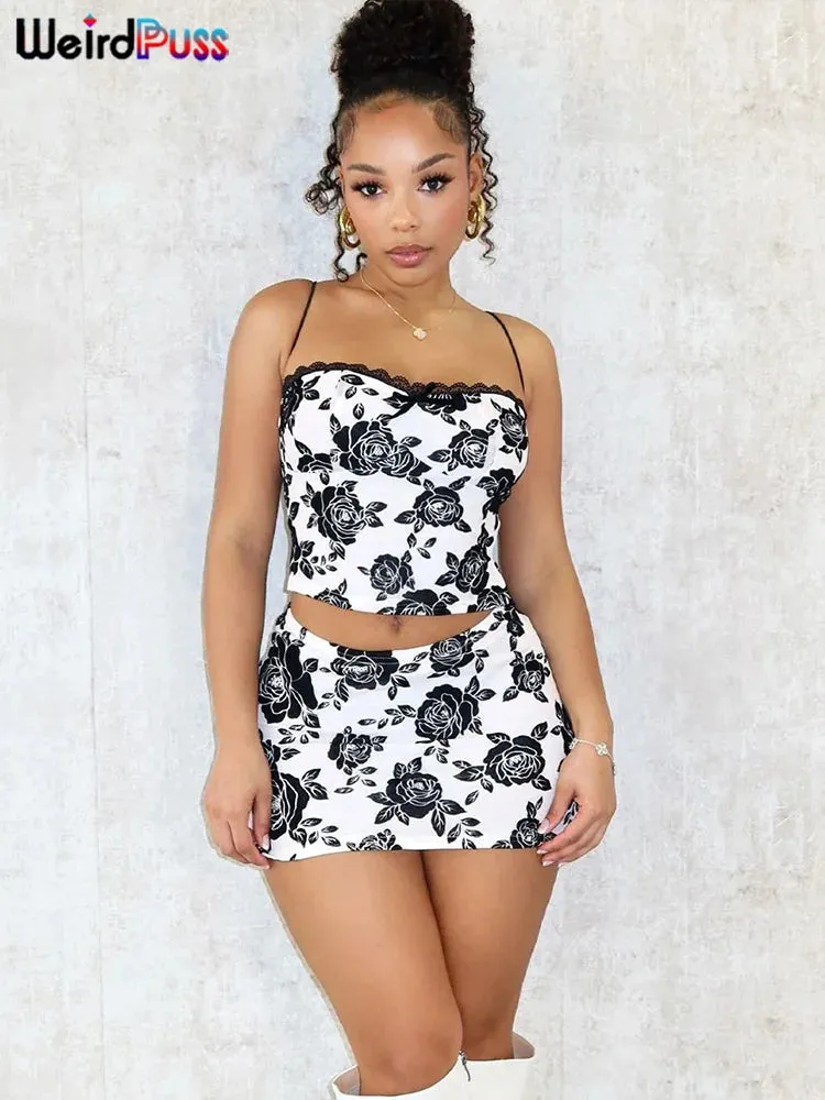 Weird Puss Flower Print Women 2 Piece Set Elegant Summer Trend Lace Bow Camisole Peach Hip Skirts Matching Streetwear Outfits