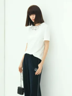 White Round Neck Tee with Embellished Charms