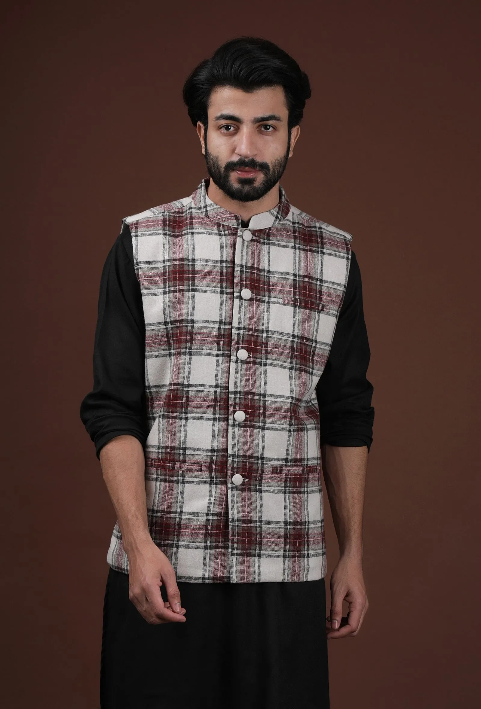 White Woven Tartan Checks Woolen Nehru Jacket With Pockets