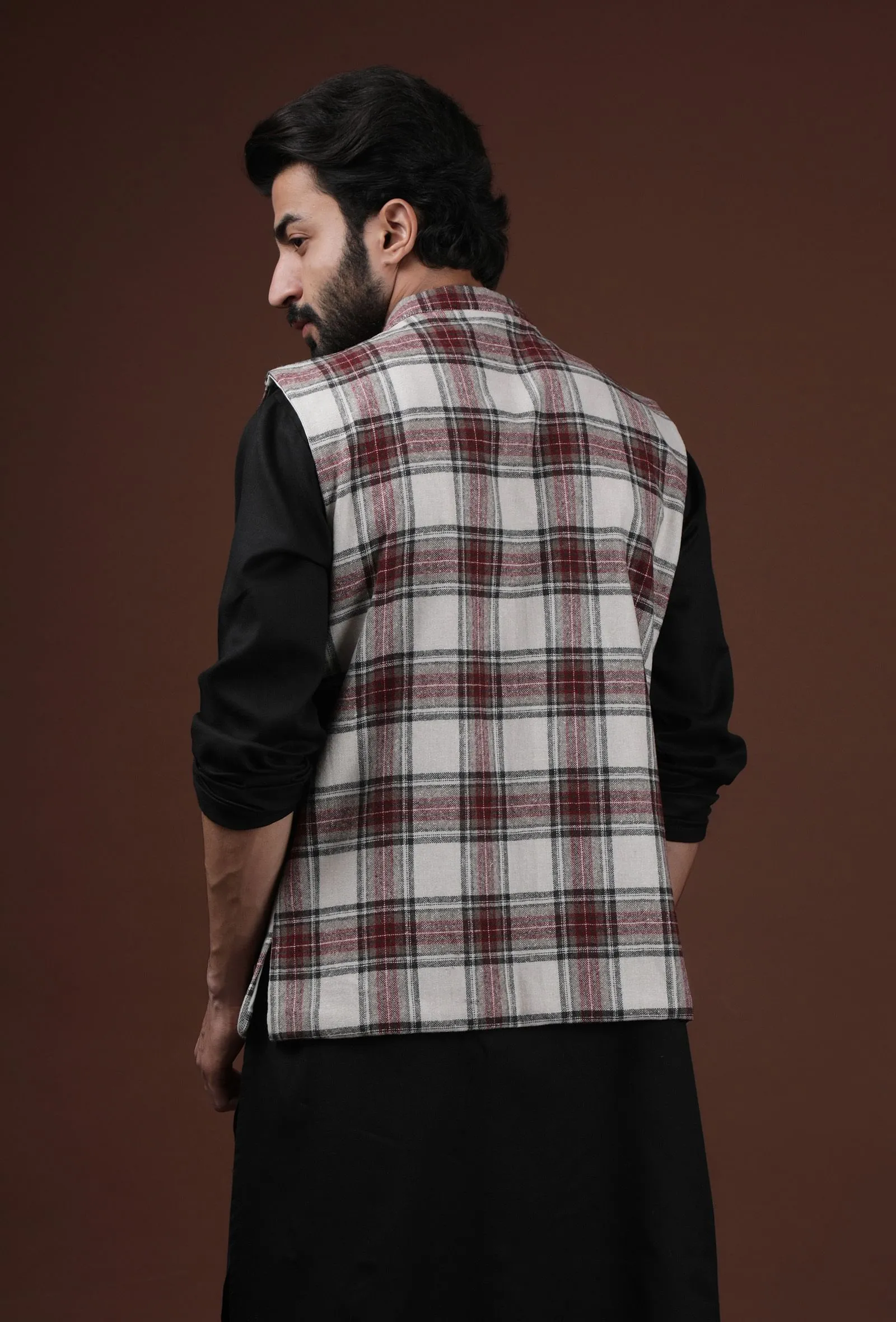 White Woven Tartan Checks Woolen Nehru Jacket With Pockets