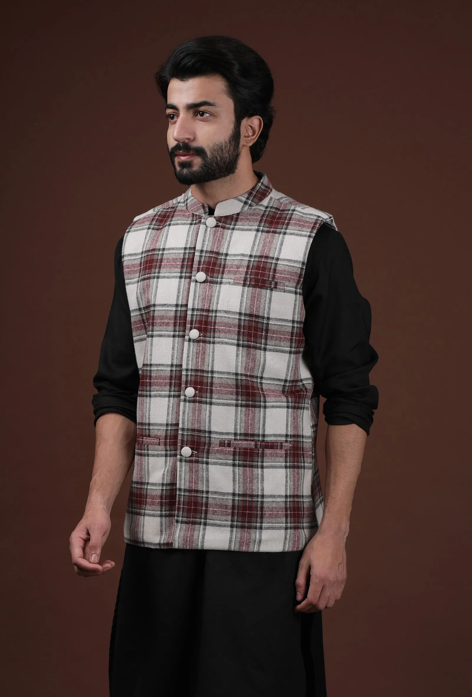 White Woven Tartan Checks Woolen Nehru Jacket With Pockets