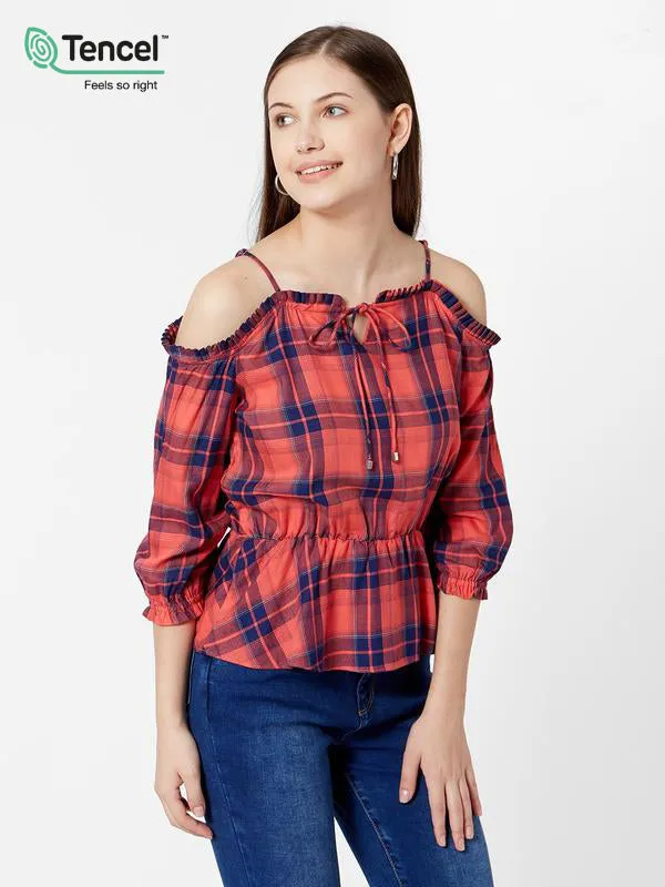 Women Checked Strappy Cold-Shoulder Peplum Top