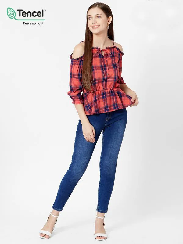 Women Checked Strappy Cold-Shoulder Peplum Top