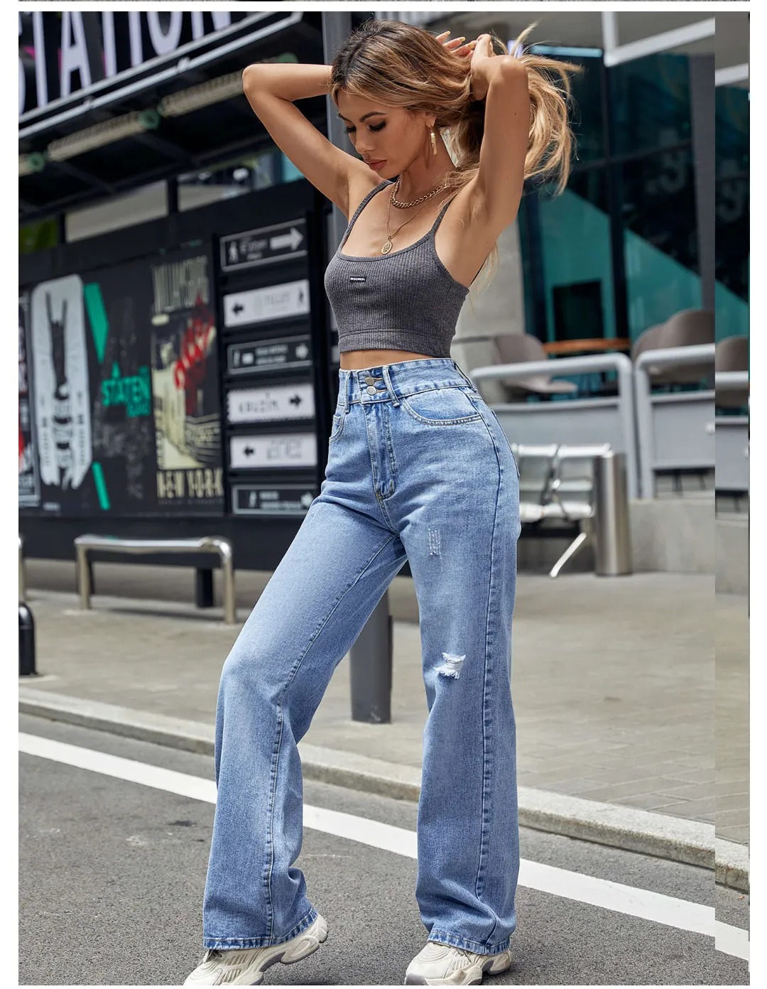 Women Clothing High Waist Straight Slimming Loose Jeans