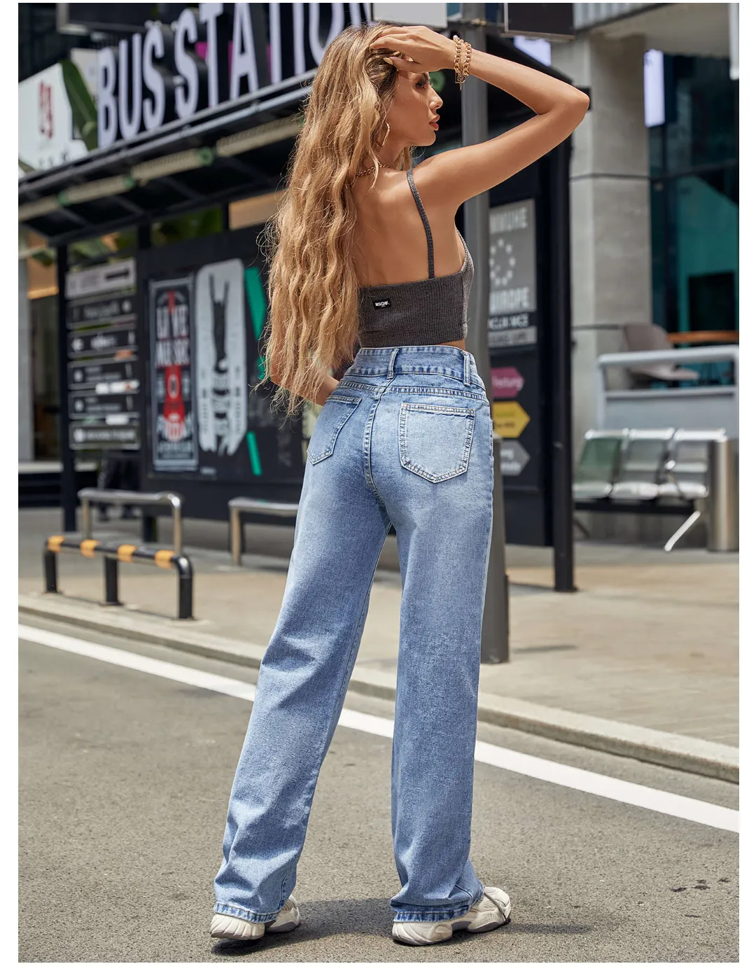 Women Clothing High Waist Straight Slimming Loose Jeans