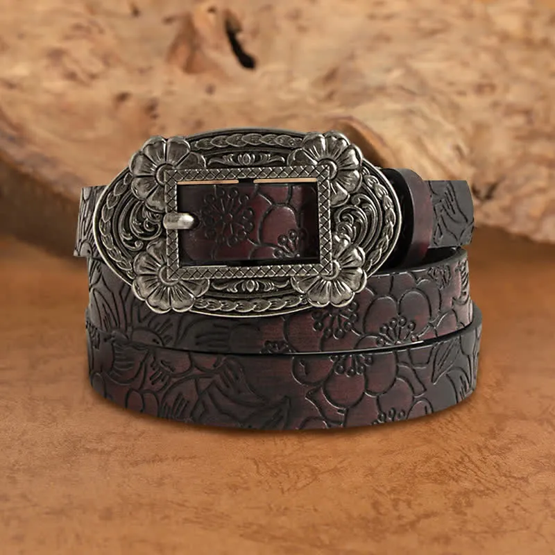 Women's Distressed Embossed Flower Western Leather Belt